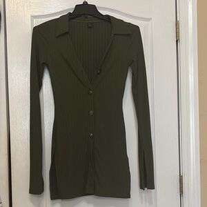 Olive Green Ribbed Button-Up Top